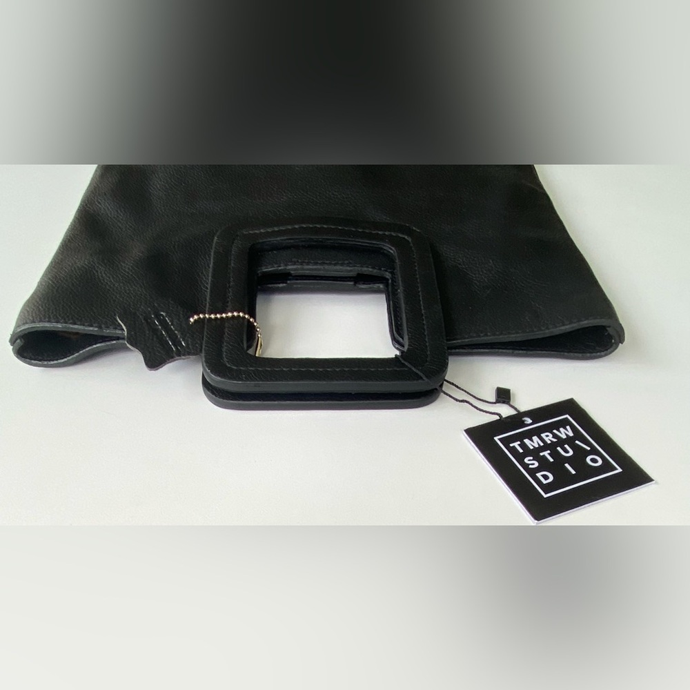 TMRW Studio Milo Black Leather Fold Over Clutch Crossbody Handbag - Picture 9 of 13